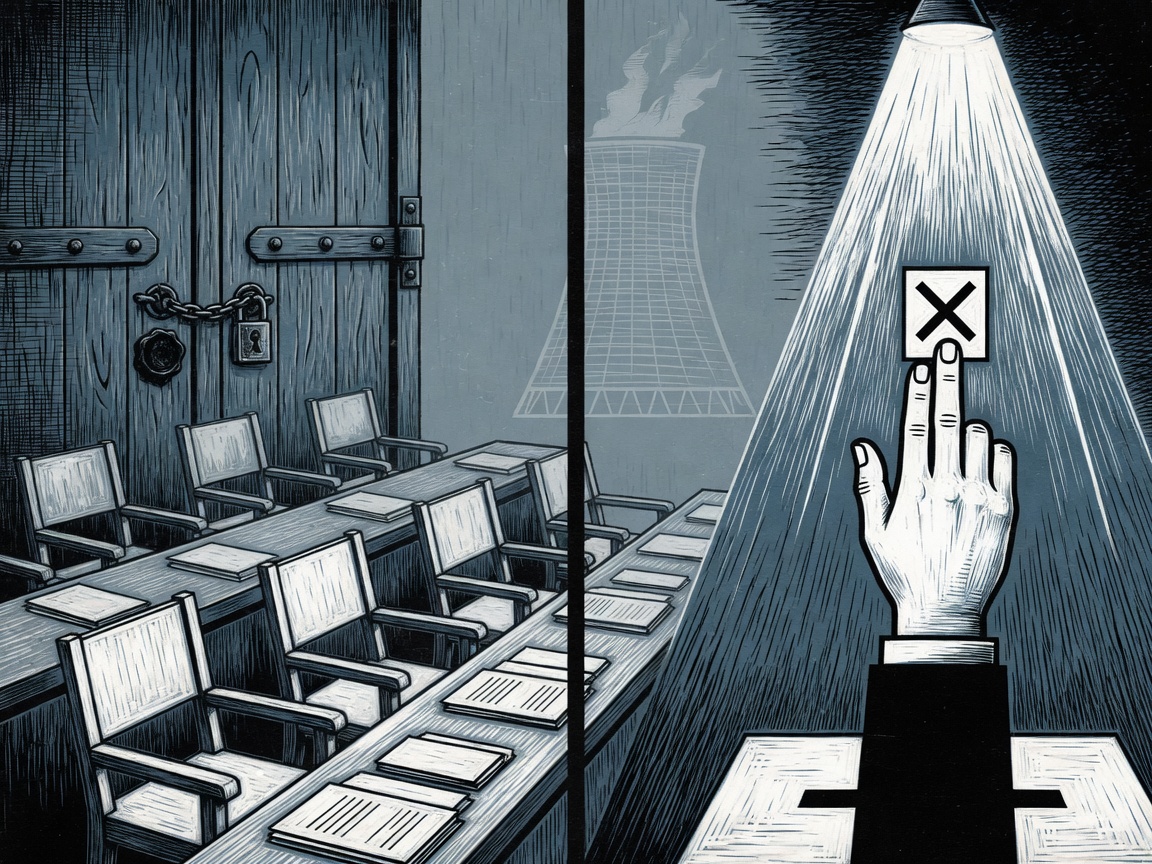 A stylized illustration of a split scene: sealed nuclear facility doors on one side and a voting chamber with a raised hand on the other, with a distant cooling tower silhouette.