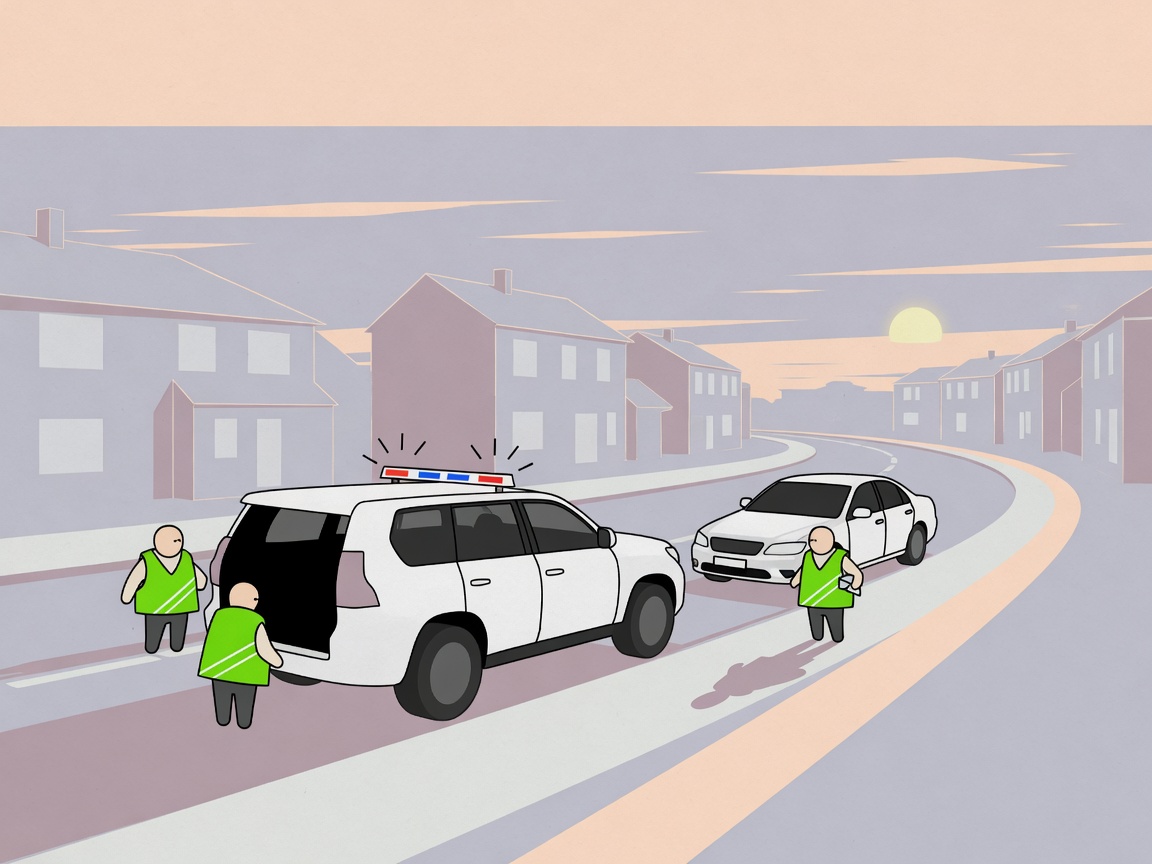 Illustration of an unmarked law enforcement vehicle with flashing lights on a residential street at dawn, with a stopped sedan nearby.