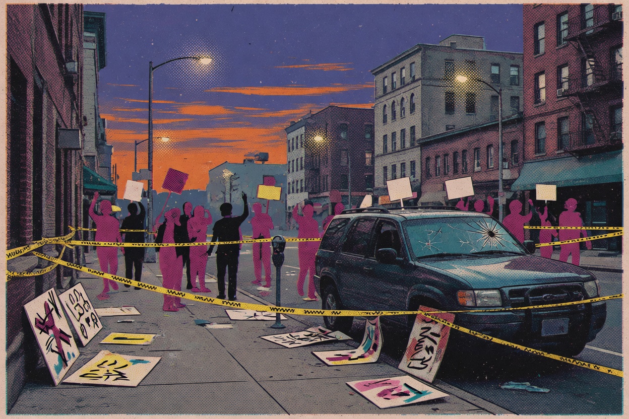 Illustration of a city street scene with protest signs and a parked SUV with a damaged windshield.