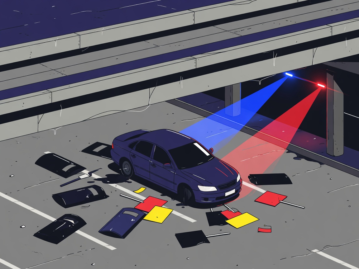 A dark sedan under a highway overpass with placards and riot shields on the ground, illuminated by distant flashing lights.