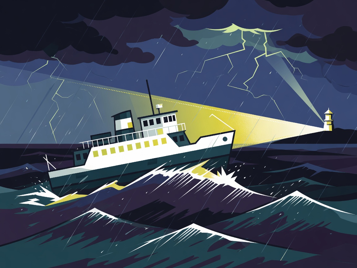 An illustration of a ferry in distress amid rough seas at night, with a searchlight beam in the distance.