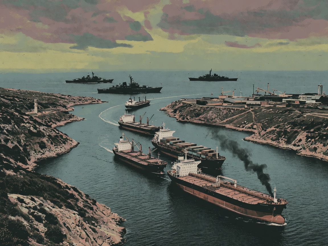 Illustration of a narrow strait with commercial vessels navigating between landmasses under a tense sky.