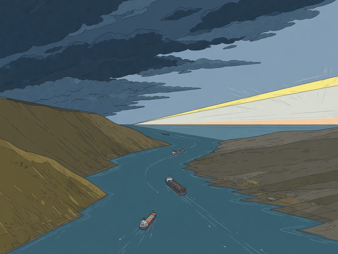 A narrow shipping strait with very few vessels transiting under a divided sky.