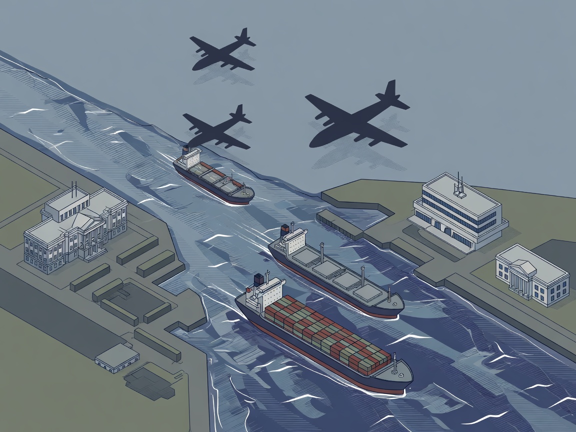 Illustration of ships navigating a narrow strait under the shadow of military aircraft, with diplomatic buildings visible on distant shores.