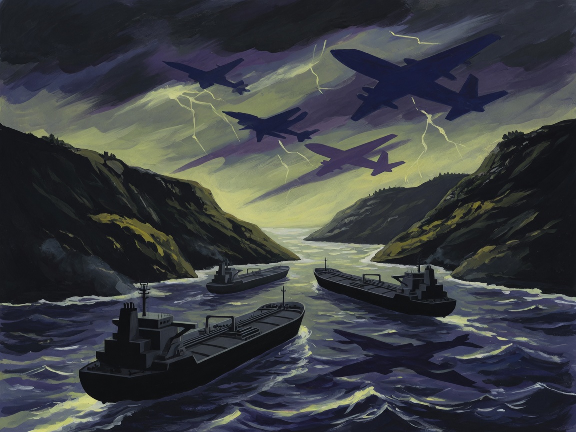 Illustration of a closed maritime strait with oil tankers unable to pass and military presence implied by aircraft shadows under a dark sky.