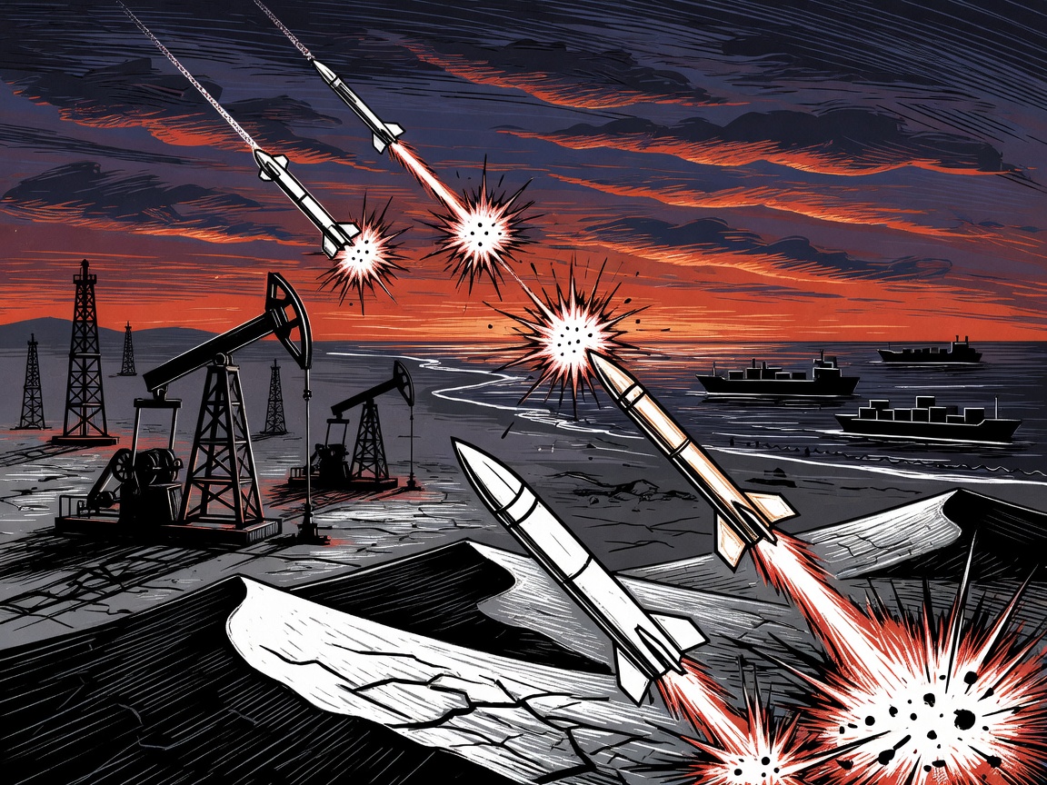 Conceptual illustration showing missile interception over desert terrain with oil infrastructure and shipping routes in the background.