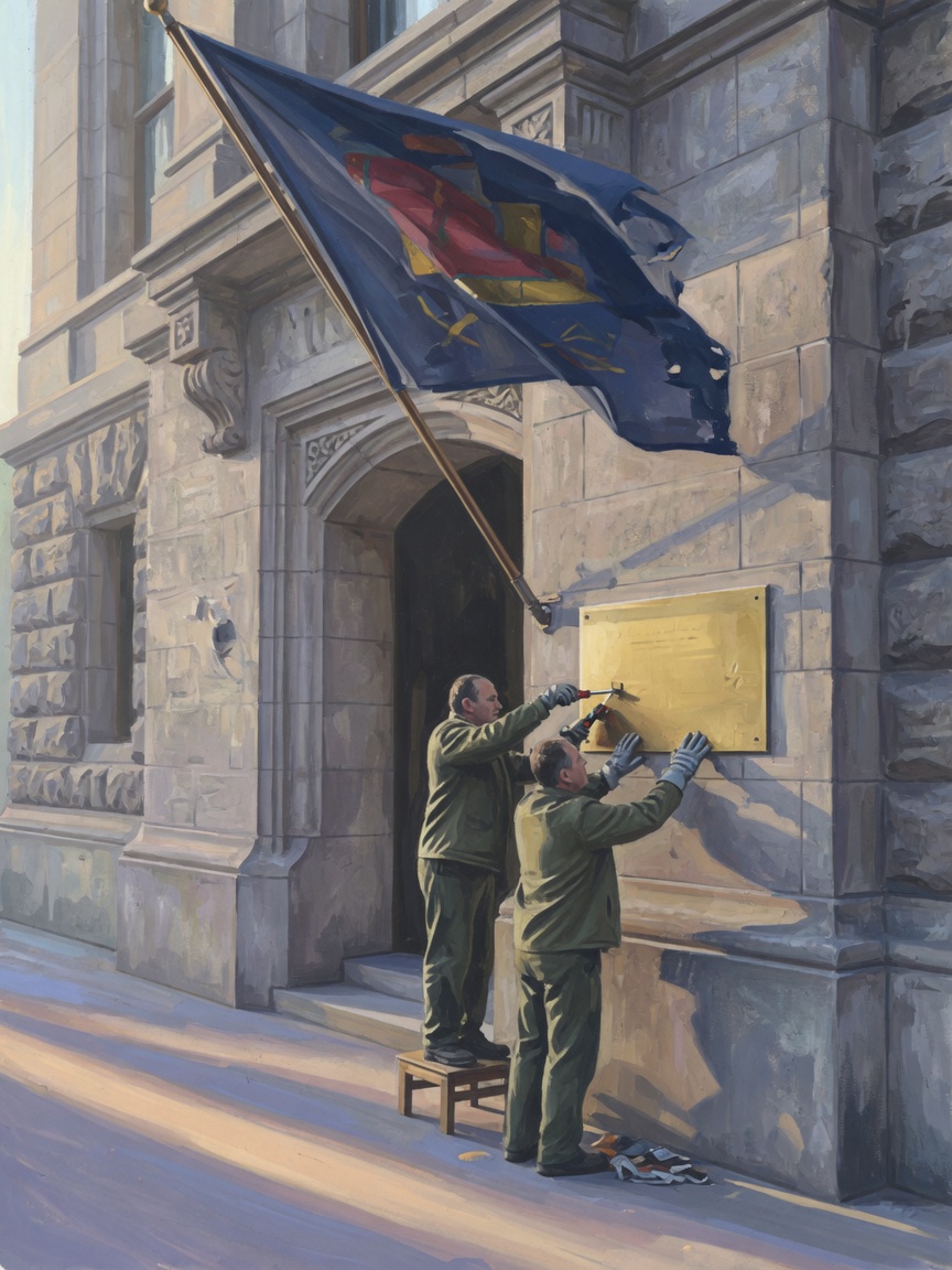 Workers remove a plaque from a diplomatic building while a flag flies overhead.
