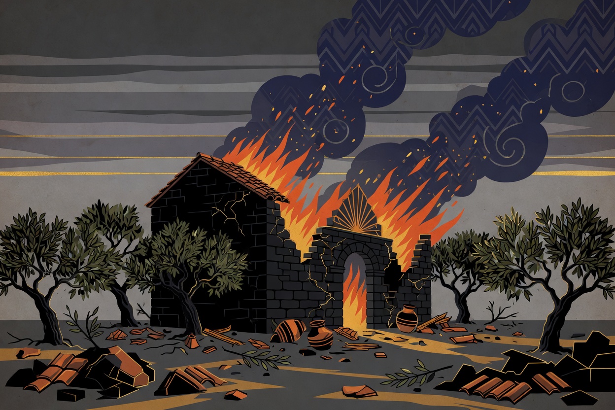 Illustration of a village scene at dawn with a burning building and olive groves under an overcast sky.