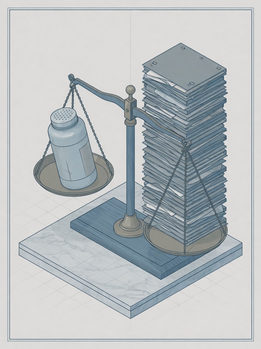 A balance scale in a courtroom setting with a baby powder container on one side and legal documents on the other.
