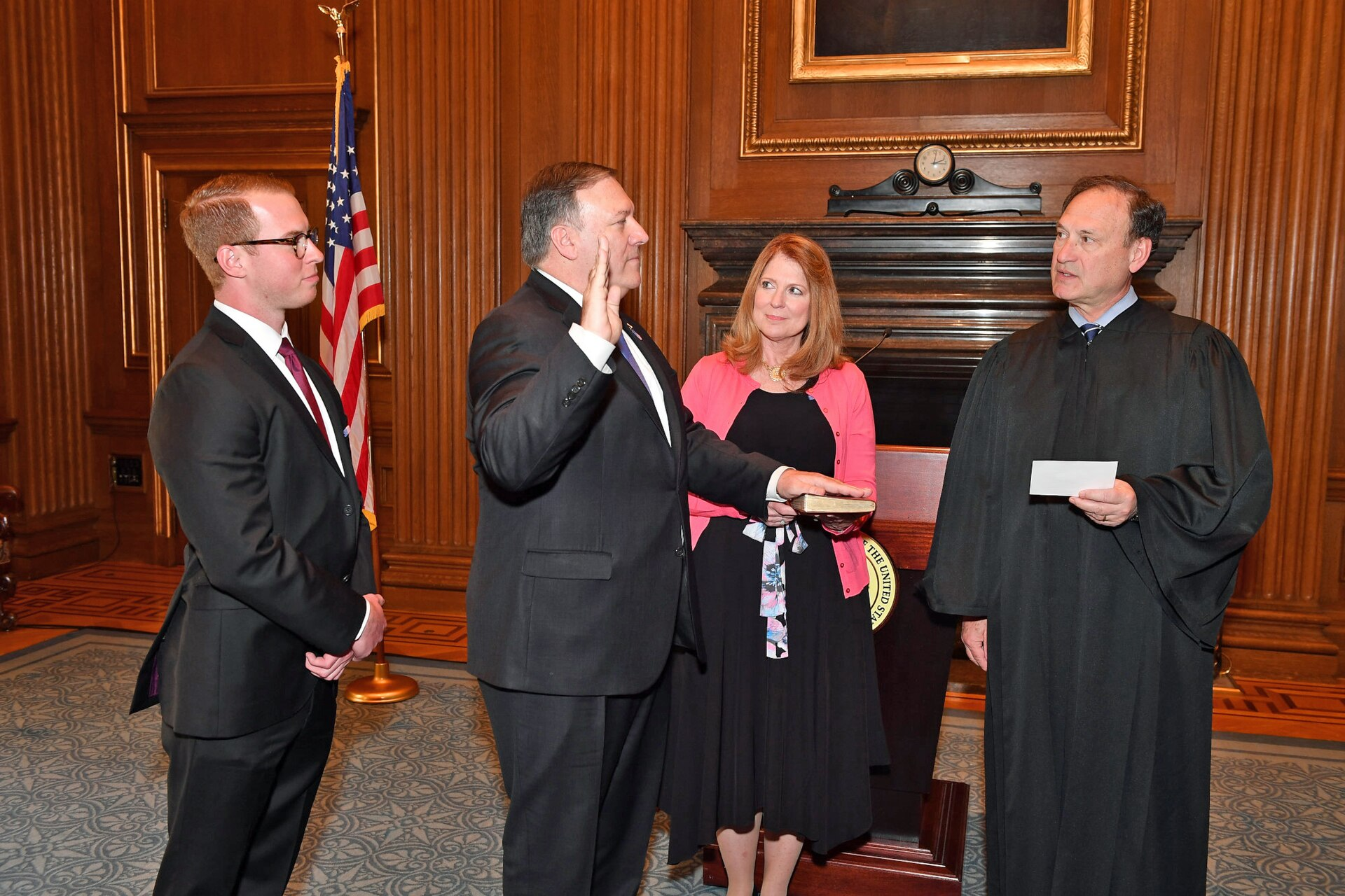 Supreme Court Justice Samuel Alito officiates a swearing-in ceremony for Secretary of State-designate Mike Pompeo in the West Conference Room of the Supreme Court in Washington, D.C.