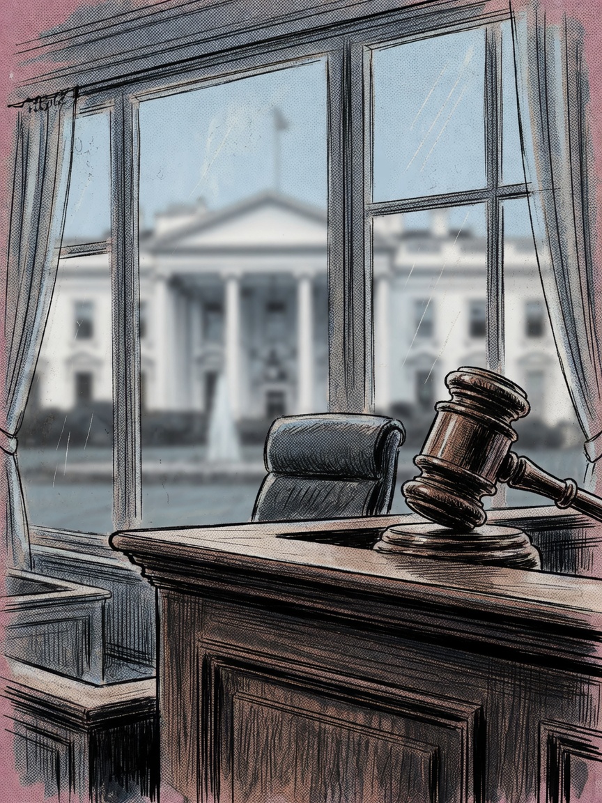 Illustration of a judge’s bench and gavel with a White House facade visible through courtroom windows.