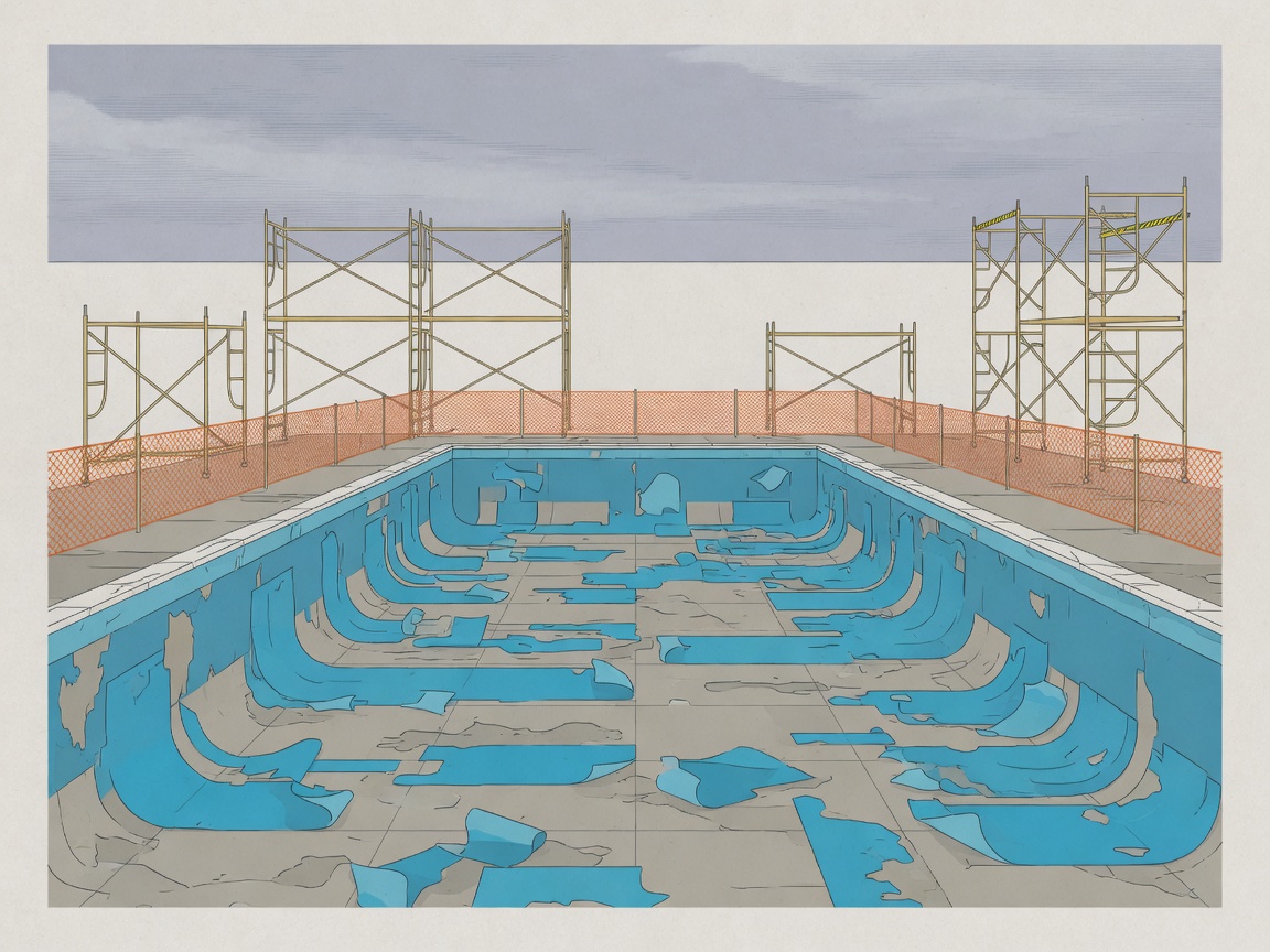 An empty reflecting pool with peeling blue sealant and construction fencing around its perimeter.