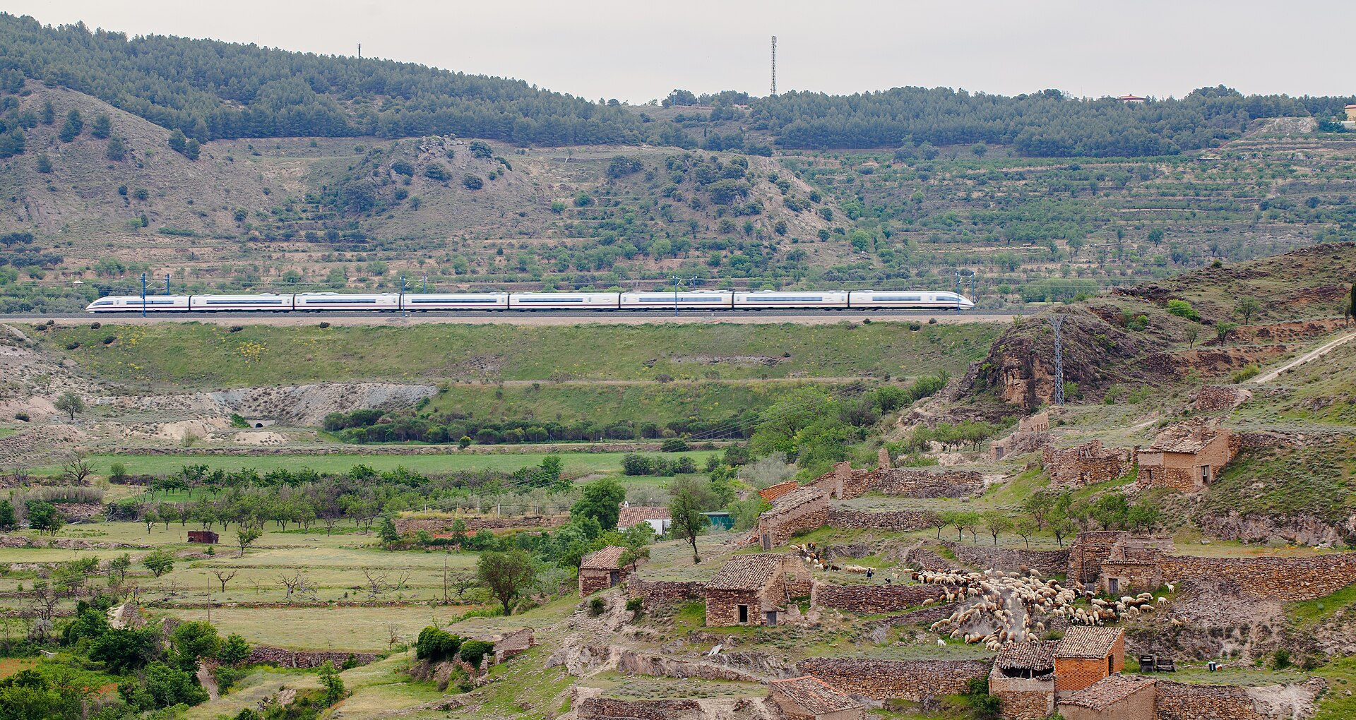 An AVE high-speed train passing through Huérmeda, Spain