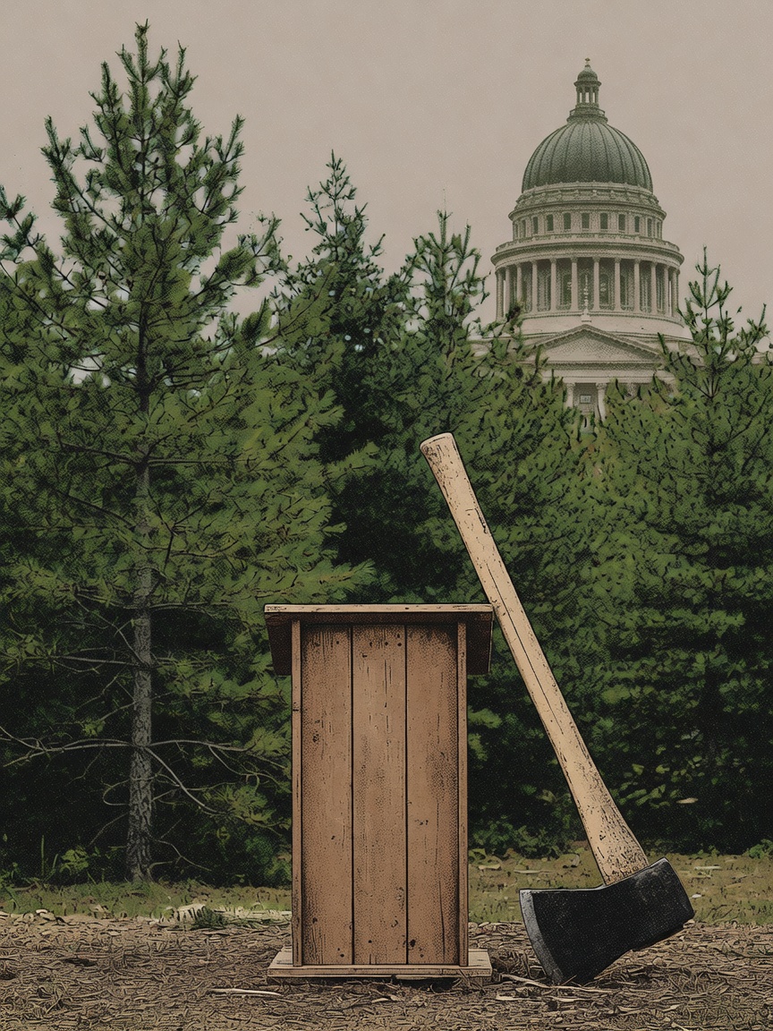 A logging axe rests against a podium before pine trees and a distant capitol dome.
