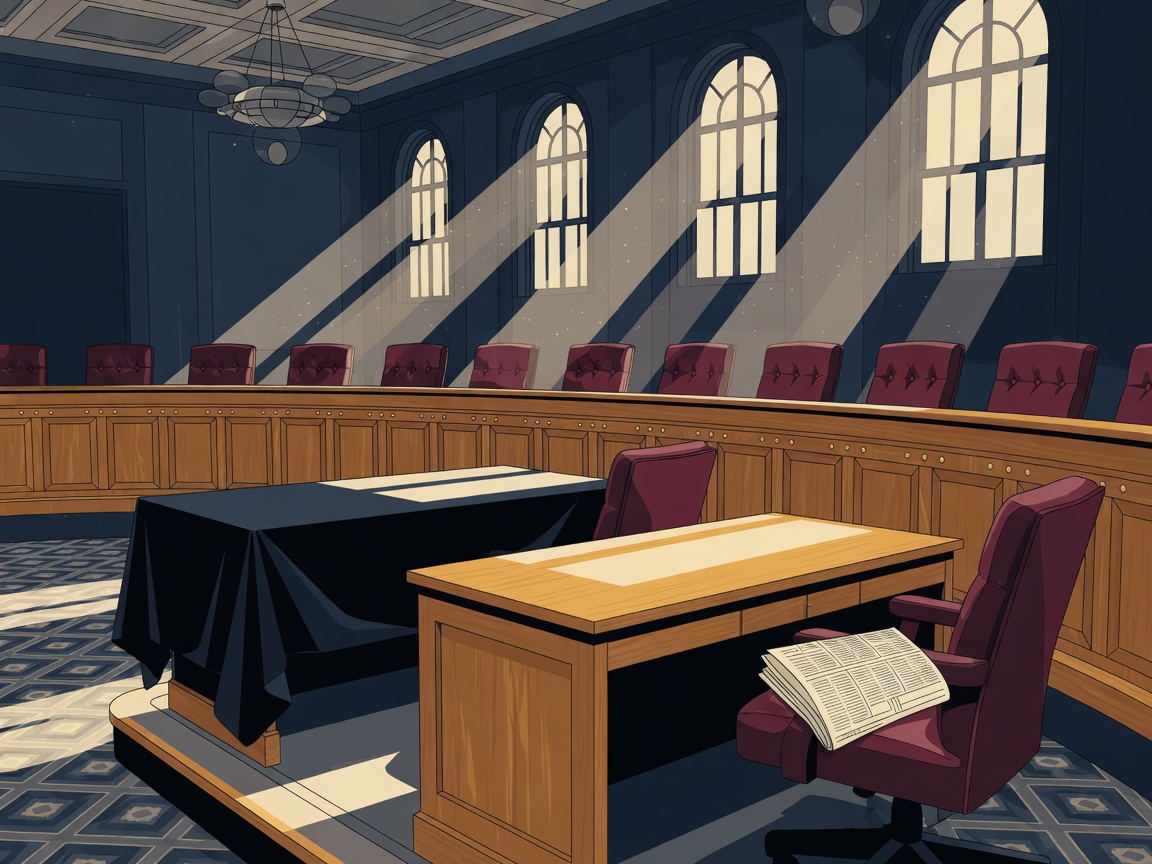 Illustration of two vacant Senate desks in an empty chamber, one draped in black and one bearing a folded newspaper.