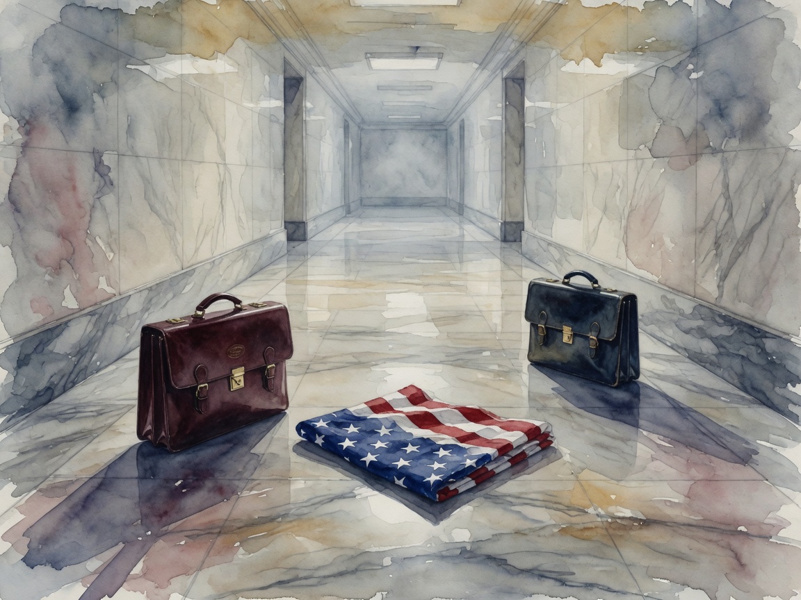 Illustration of two briefcases on a marble floor with a folded American flag between them, casting long shadows in a dimly lit corridor.