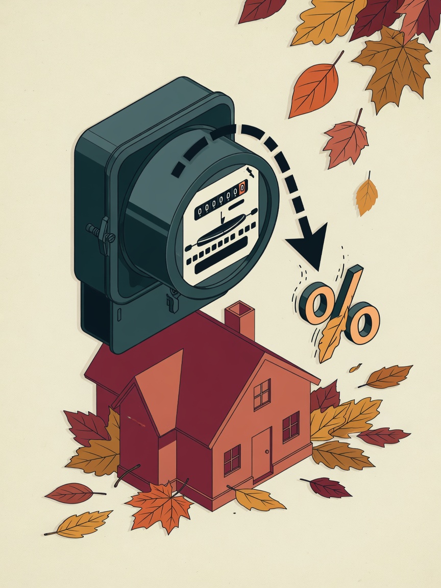 An illustration showing an electricity meter with a downward-pointing arrow and a zero percent symbol, with a house silhouette and autumn leaves in the background.