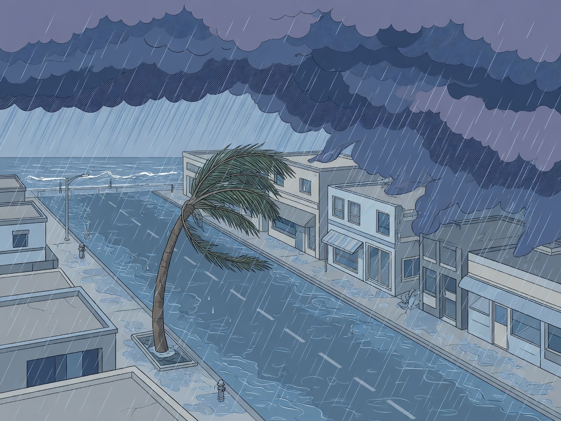 Illustration of a coastal storm with dark clouds, heavy rain and flooded streets.