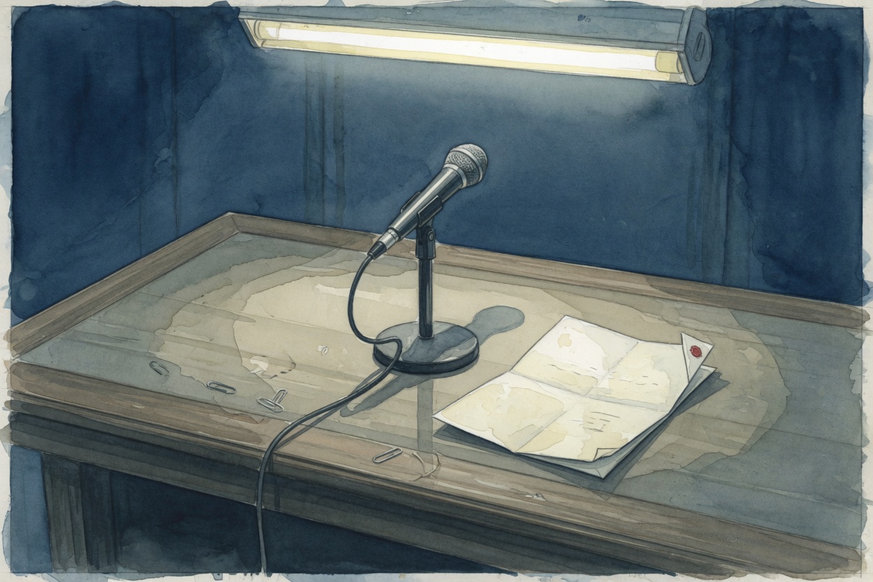 A vacant congressional desk with a microphone and a folded letter under harsh lighting against a dark blue backdrop.
