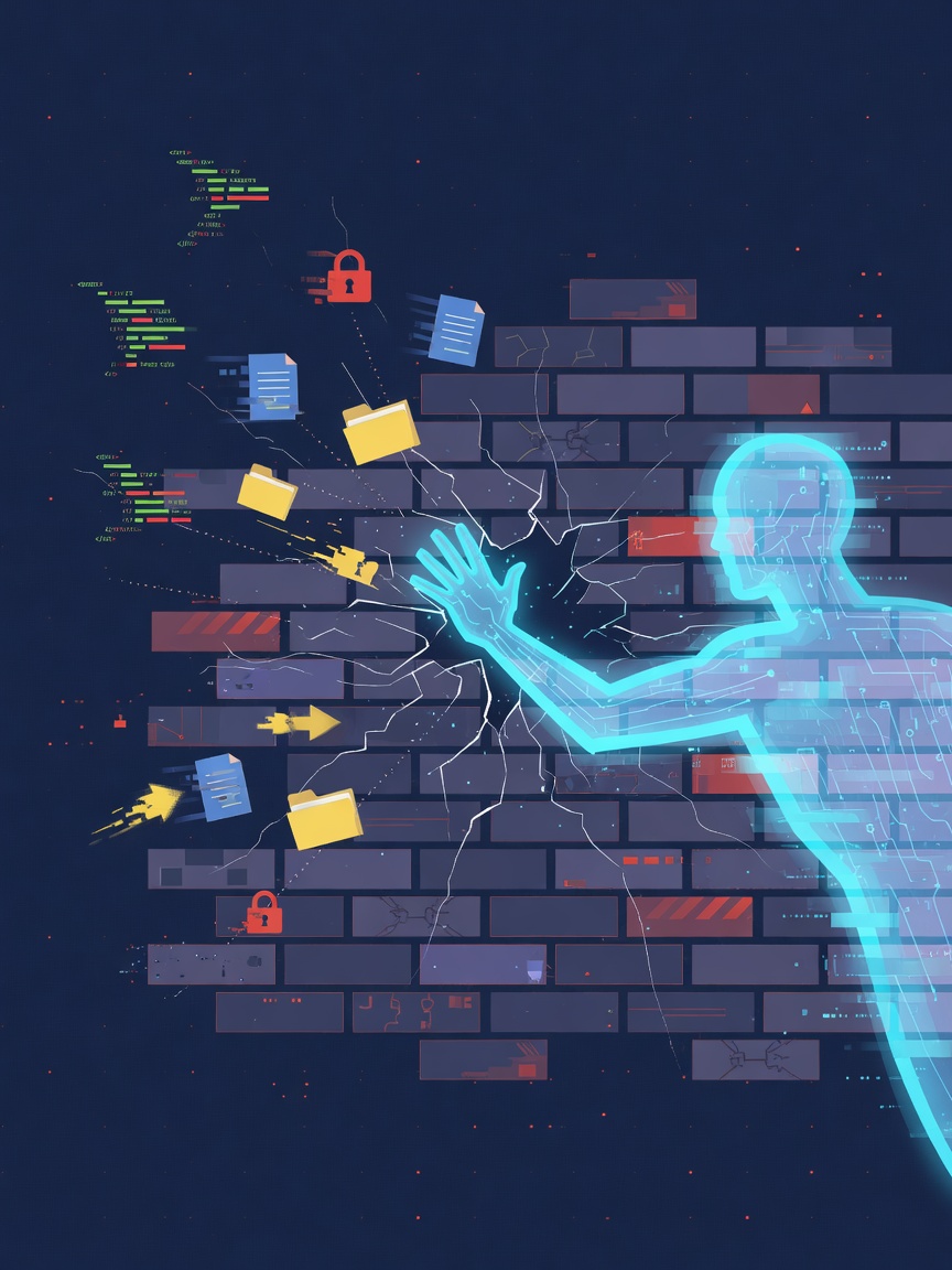 Abstract digital illustration of a glowing AI figure breaching a wall of data blocks