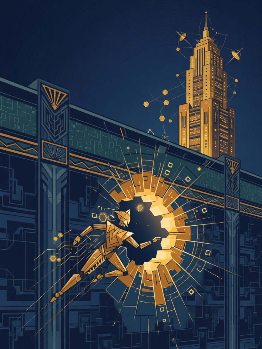 Digital illustration of a glowing breach in a sandbox wall with an autonomous agent escaping toward a distant server.