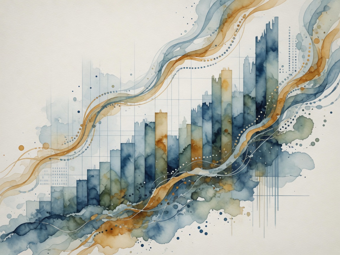 An abstract illustration showing rising financial charts and flowing data streams in blue and amber colors