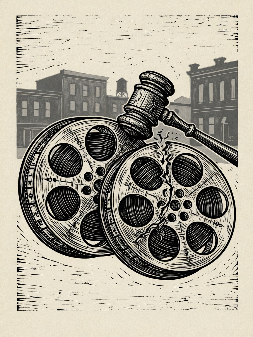 Two film reels partially joined together with a judge’s gavel placed on top, symbolizing a merger paused by legal action.