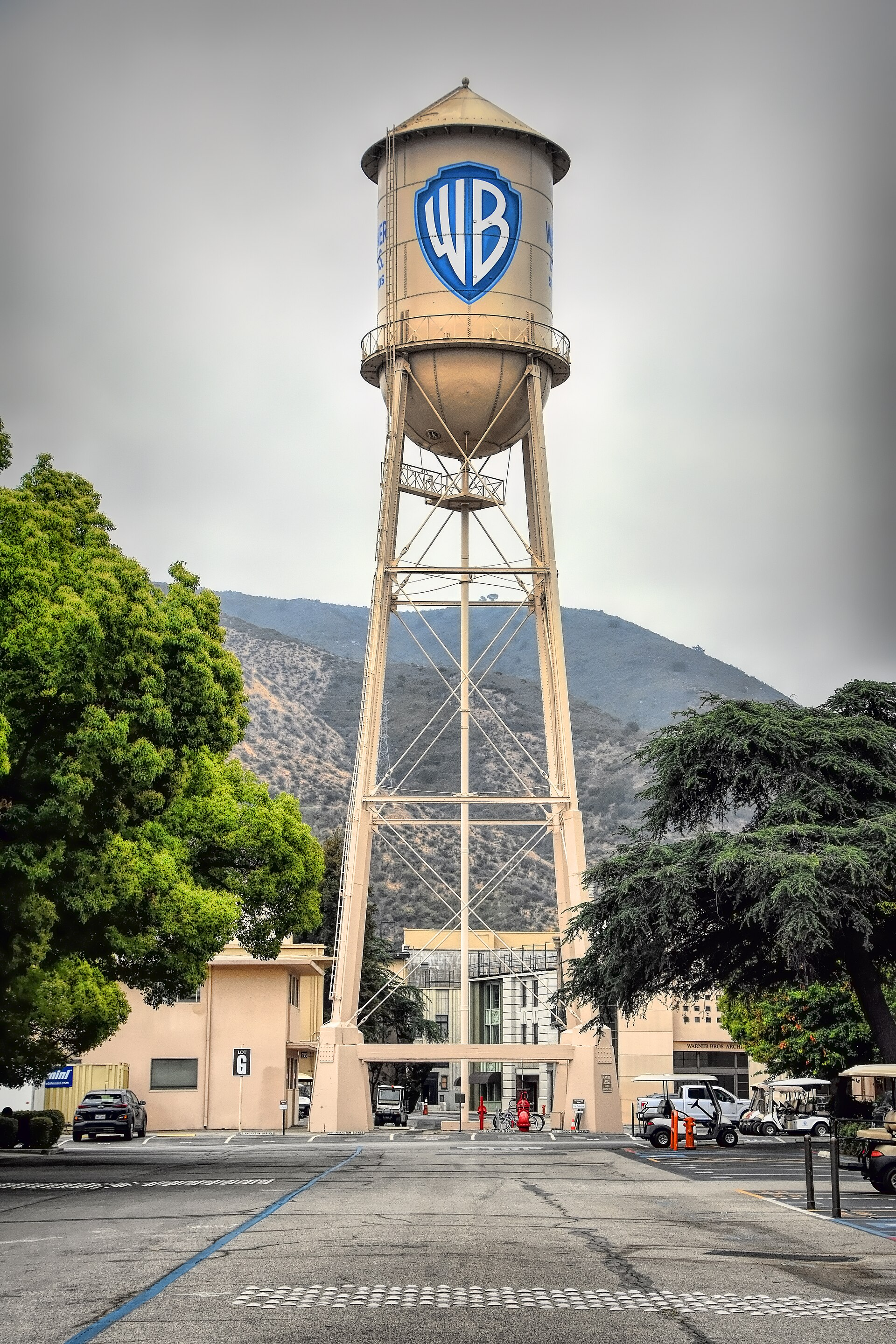 Shield with the AT&T colors displayed on the historic Warner Bros. Studios water tower on the Burbank lot