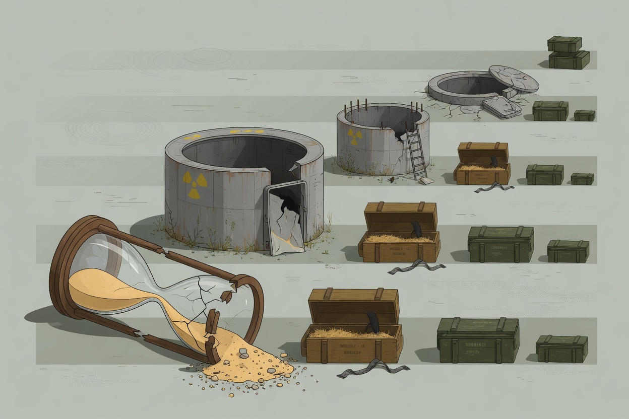Illustration of empty weapons crates and a broken hourglass representing depleted US munitions stockpiles and the years needed to rebuild them.