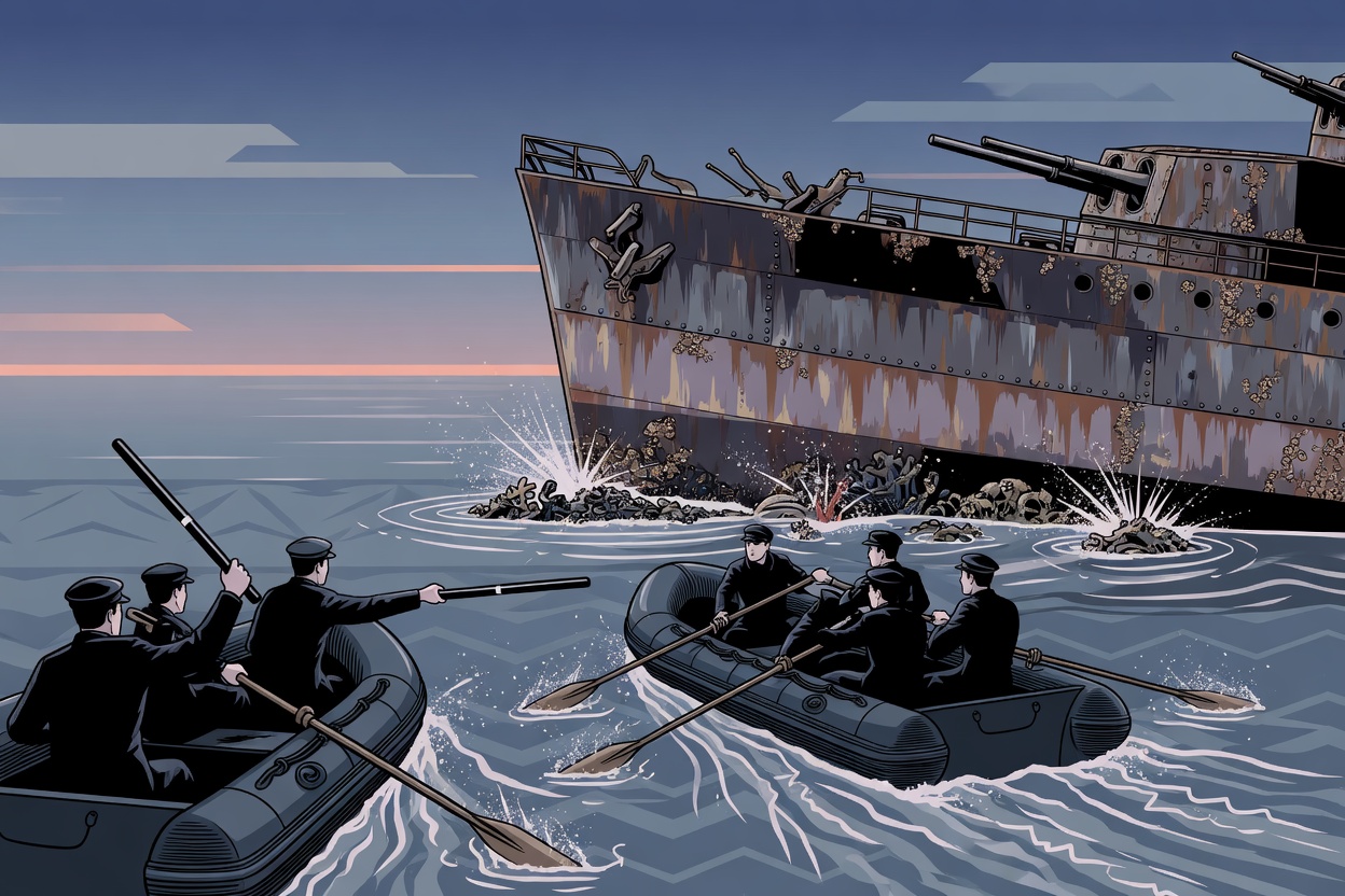 Illustration of two small boats confronting each other near a rusted grounded warship on a shallow reef at dawn, rendered in muted blues and grays with no visible faces or national markings.