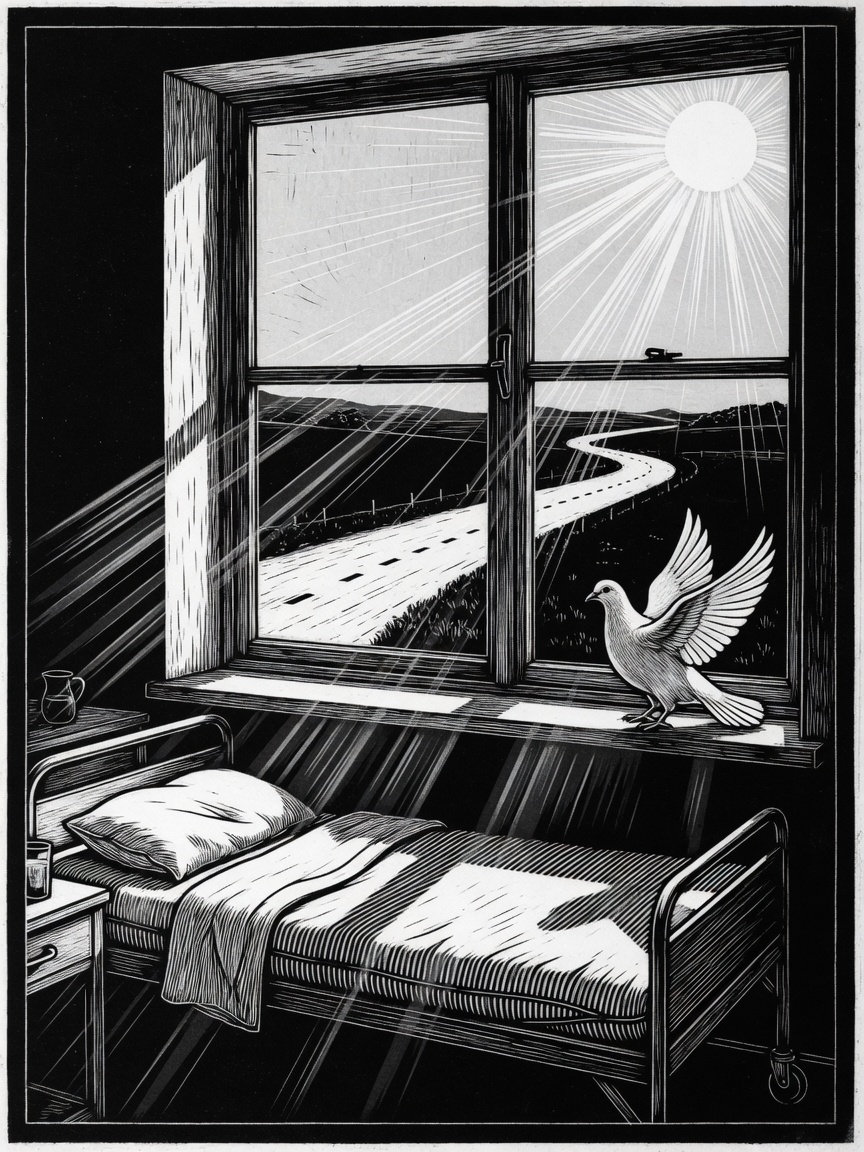 Conceptual illustration of a hospital window with sunlight, a dove, and a distant road.