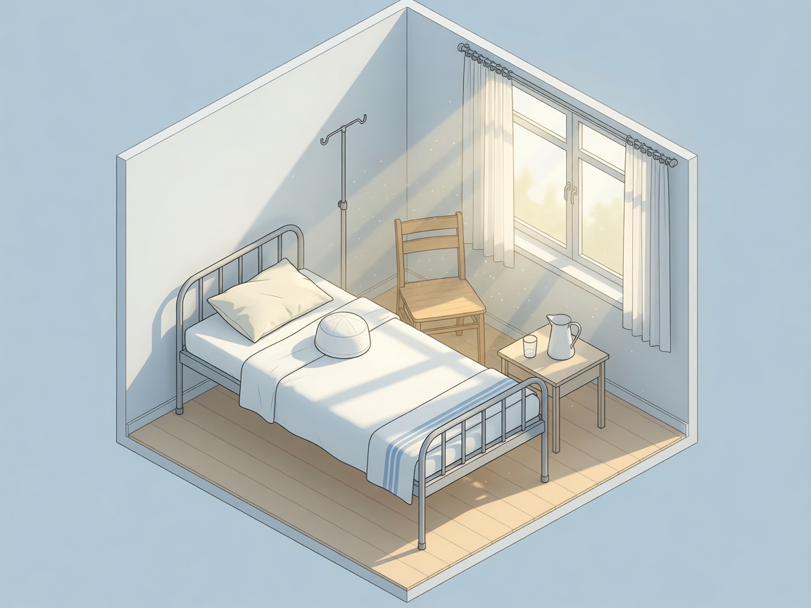 A hospital bed with a white skullcap on the pillow and an empty chair beside it in morning light