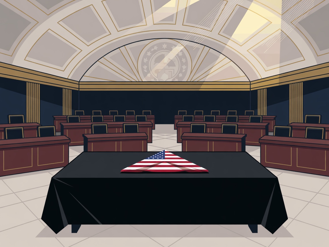 An illustration of an empty Senate chamber with a draped desk and folded American flag.