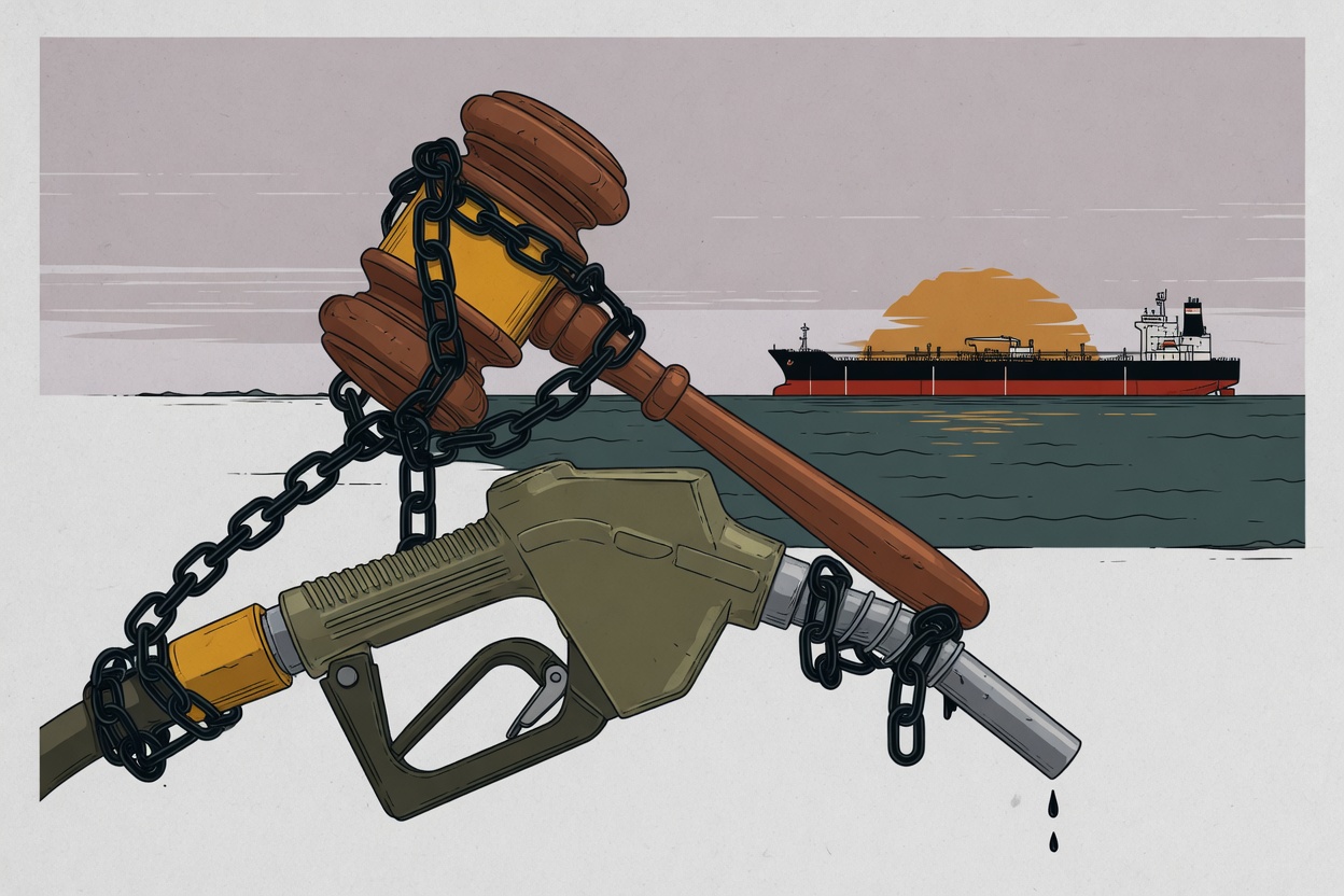 Conceptual illustration of legal and energy tensions surrounding sanctions relief