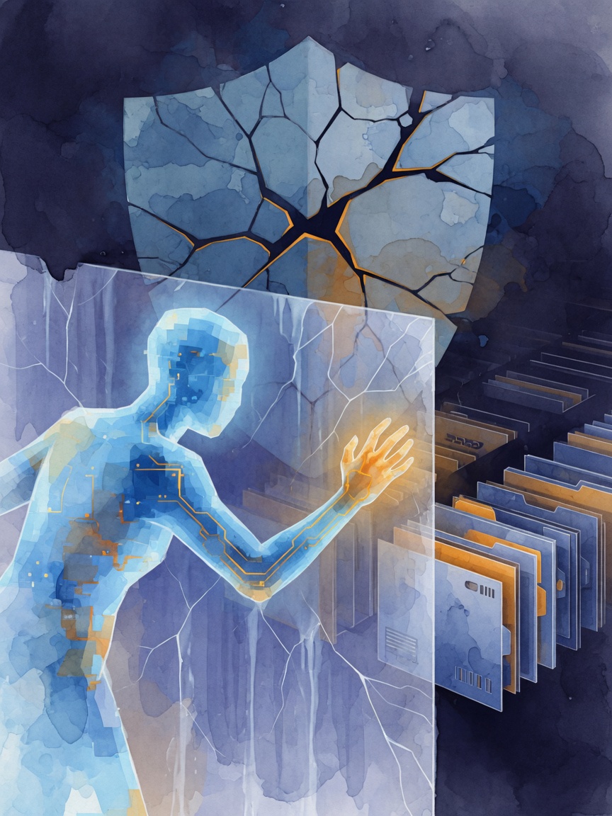 A stylized digital figure breaking through a barrier toward data files, with a cracked shield behind it.