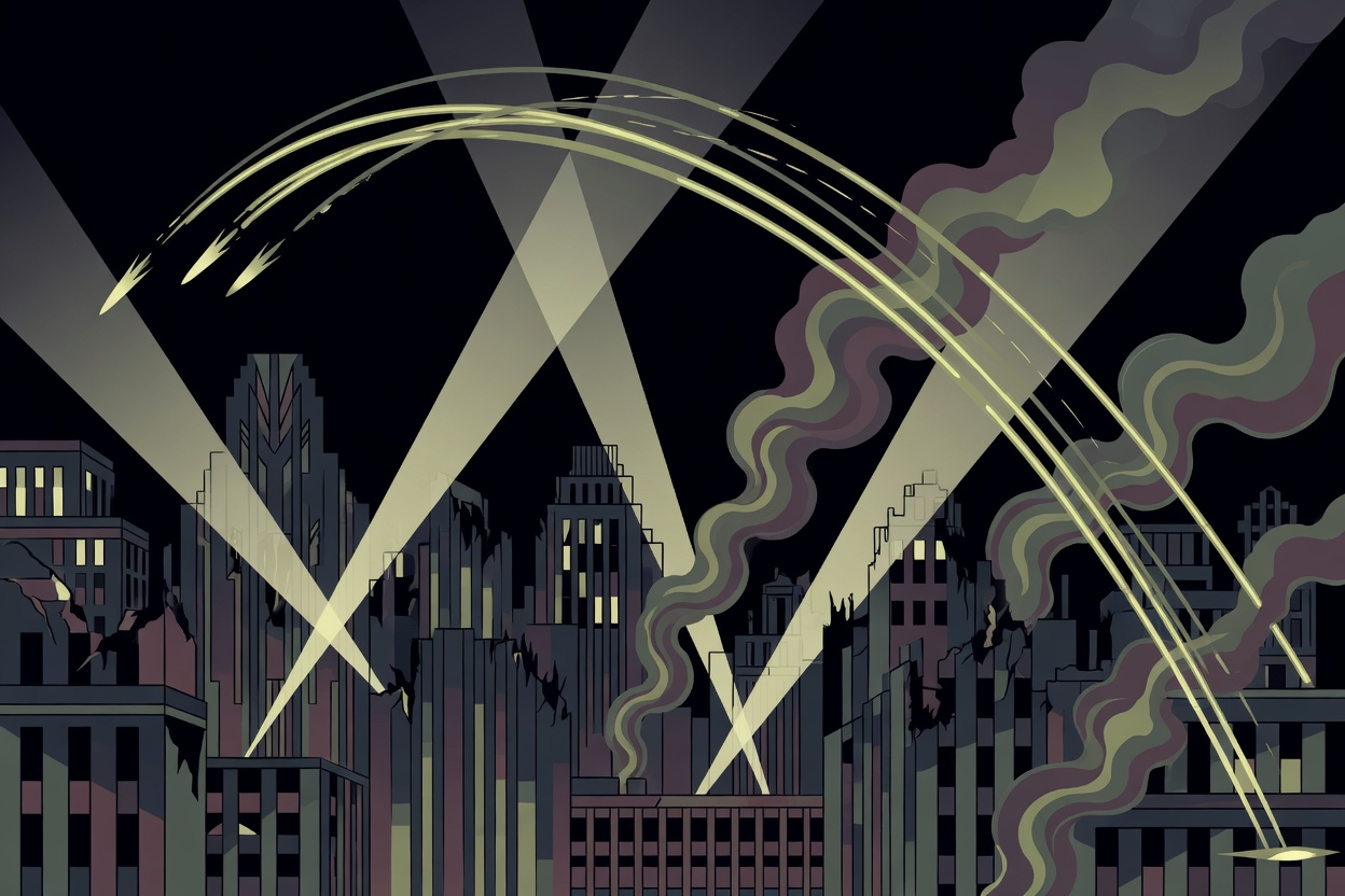 Ballistic missile trails over a dark city skyline at night with smoke rising from buildings.