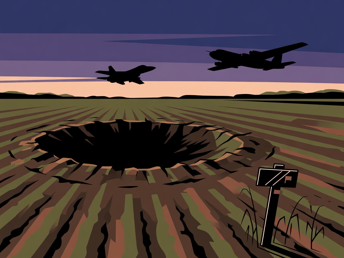 Illustration of a crater in a dark field with military aircraft silhouettes on the horizon and a border marker post.