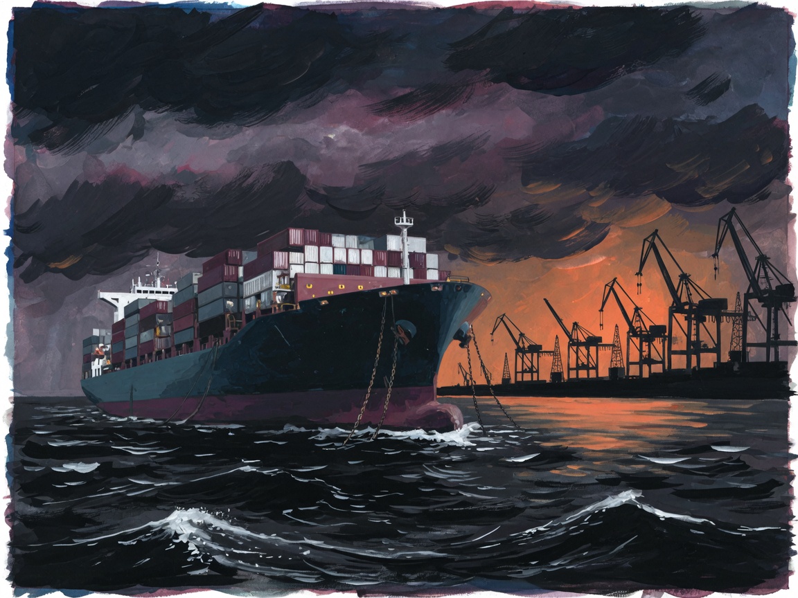 Illustration of a damaged cargo vessel tilting in dark waters near idle port cranes under a threatening sky.
