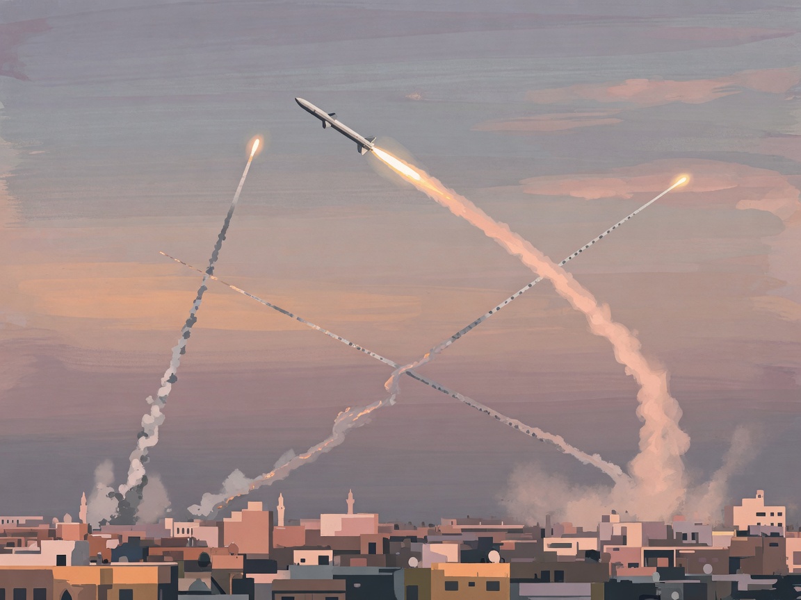 Illustration of a missile ascending over a desert capital at dawn with defensive intercept trails crossing the sky.