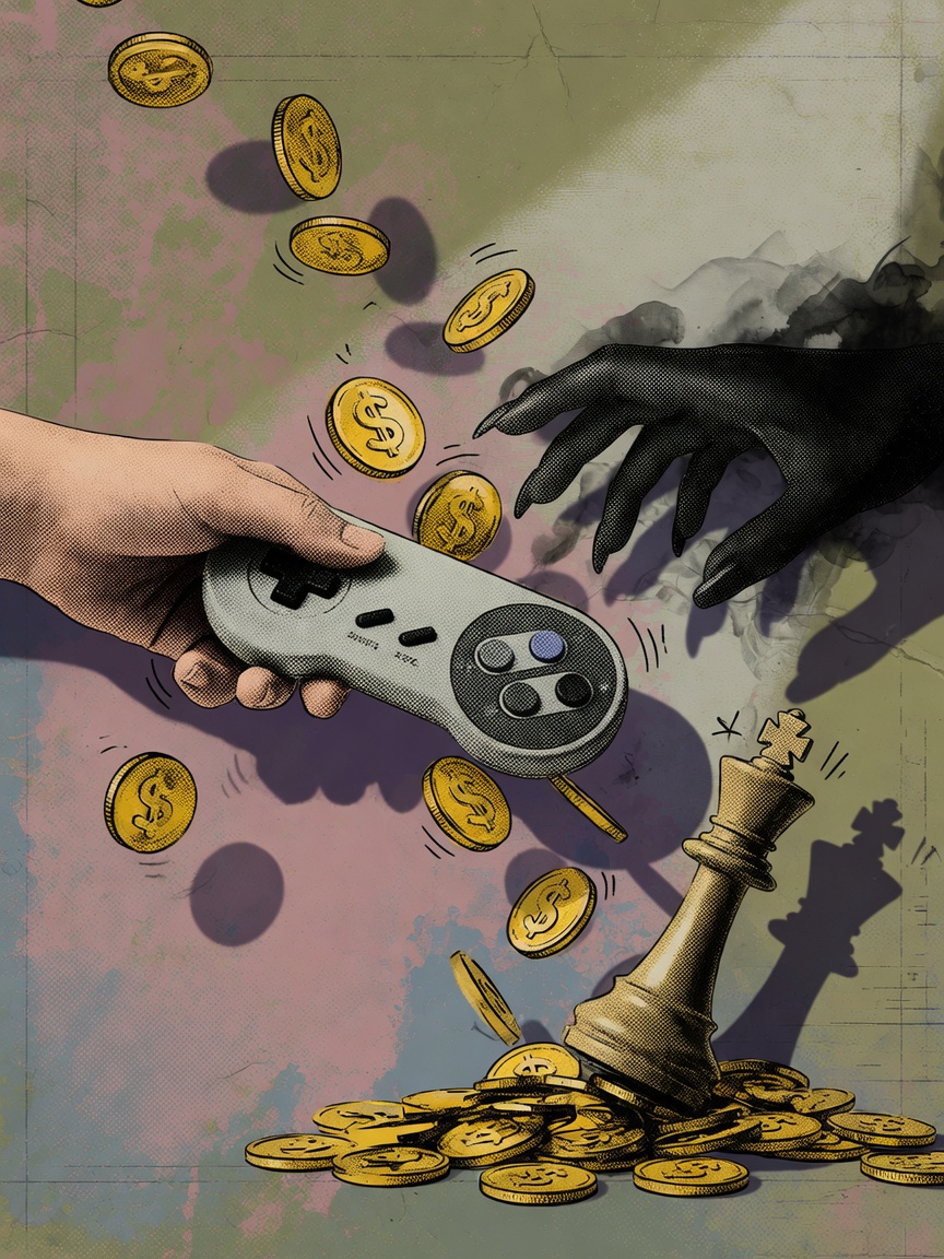 Illustration of a gaming controller being handed to a shadowy figure alongside gold coins and a chess piece, symbolizing a corporate acquisition.