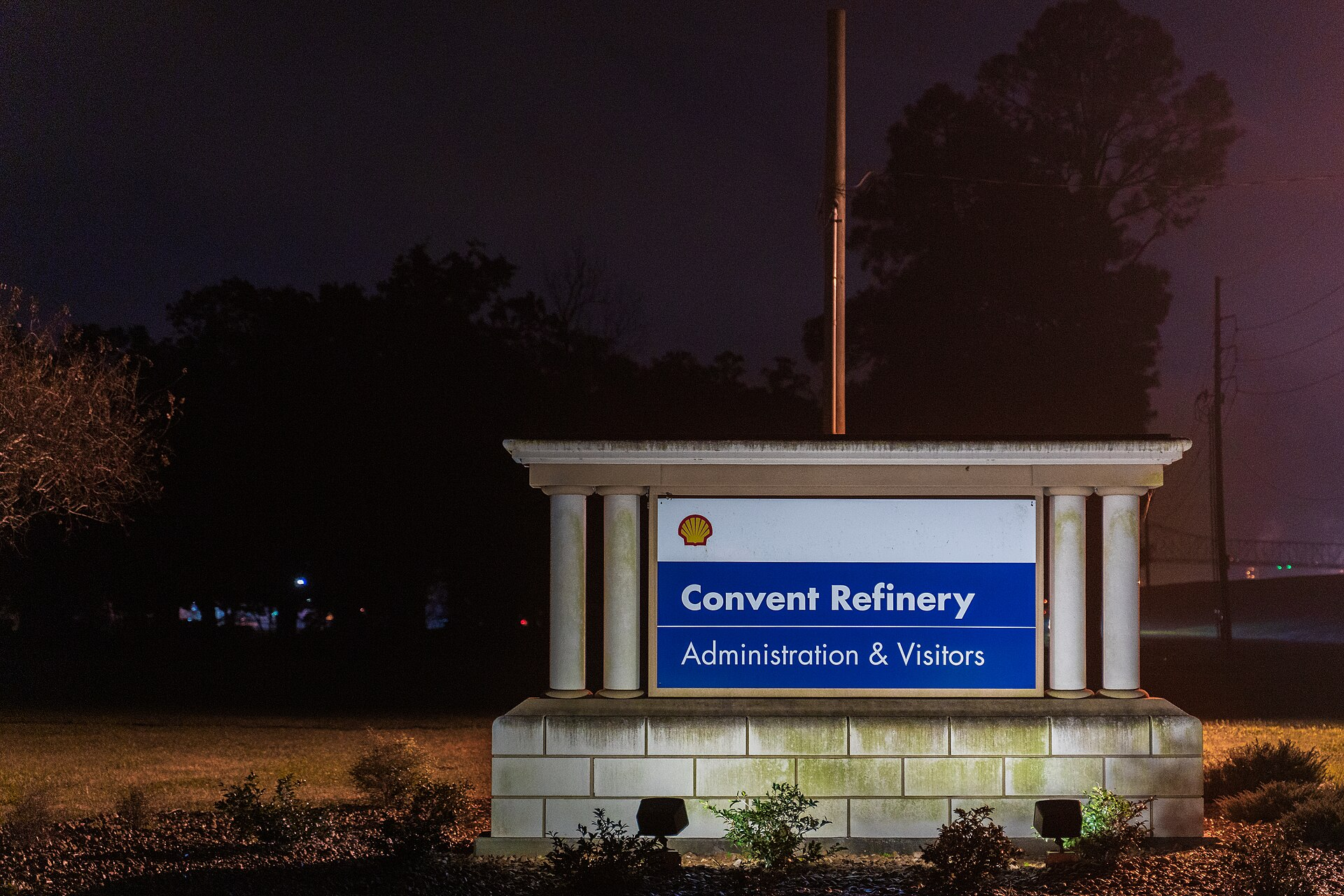 Sign outside the entrance to the Shell Convent Oil Refinery in Convent, Louisiana
