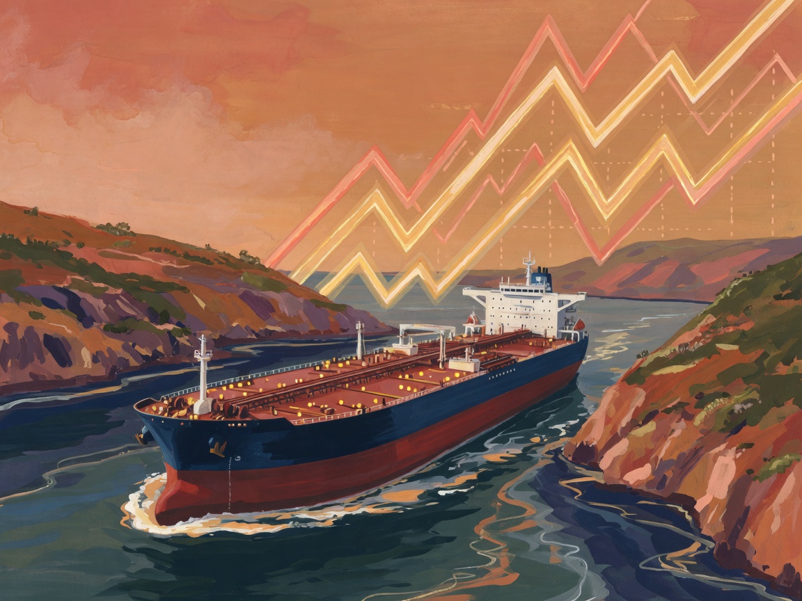 Abstract illustration of an oil tanker in a narrow waterway with rising price chart lines set against a warm sky.