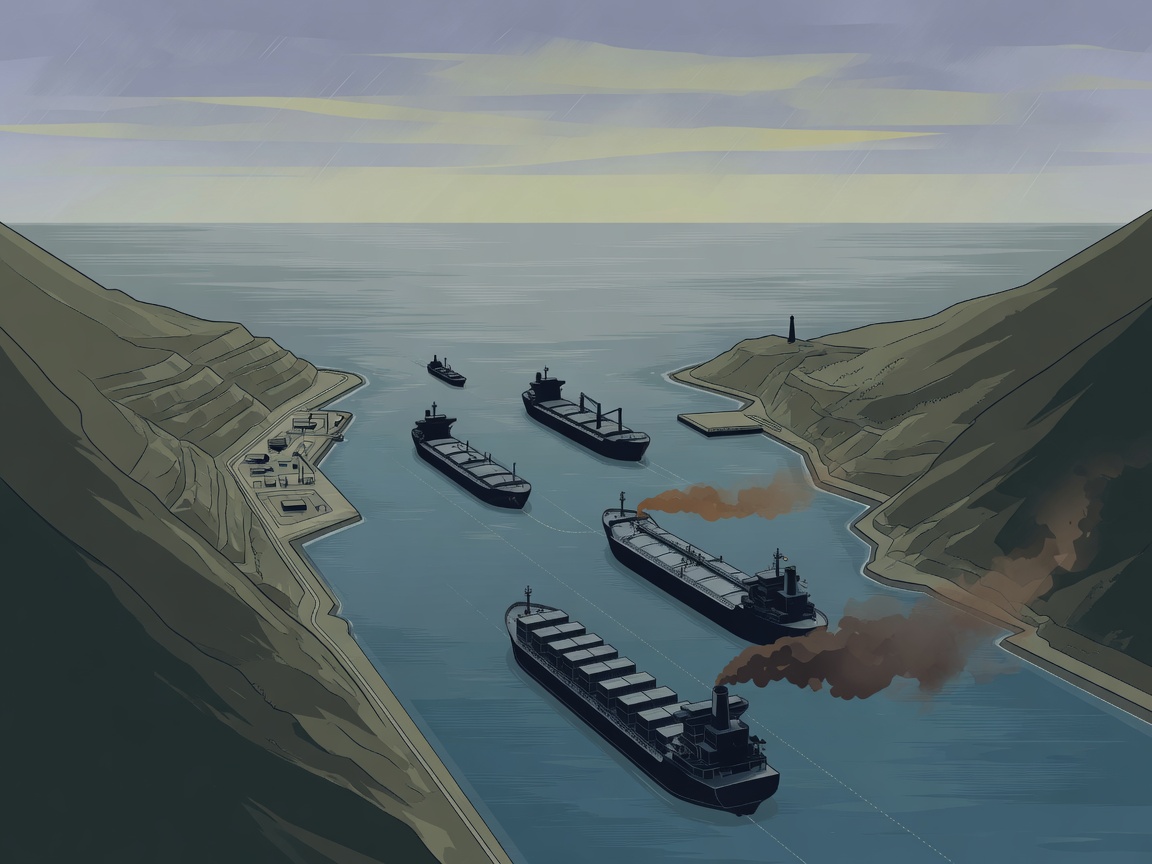 Conceptual illustration of a shipping chokepoint with vessels and smoke