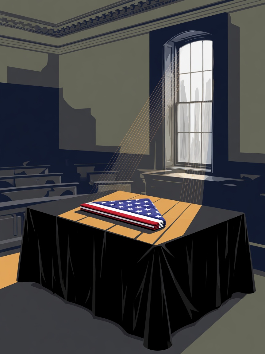 An illustration of a Senate desk draped in black cloth with a folded American flag, symbolizing a vacant seat following a senator’s death.