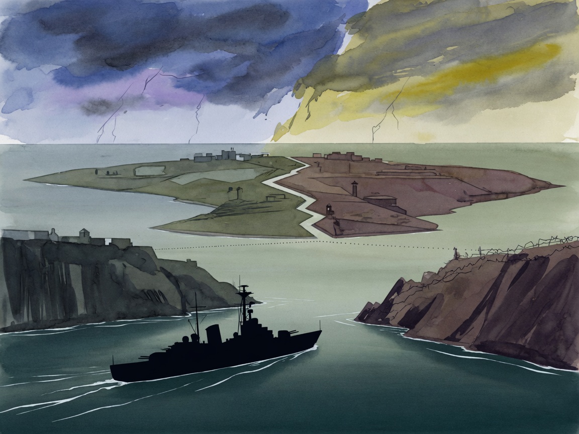 Illustration showing a naval ship near a narrow waterway with a peninsula in the background under a split sky.