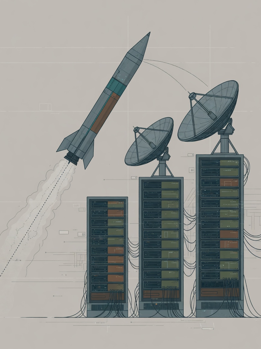 Illustration showing a rocket launching next to server racks and satellite dishes in an industrial color palette.