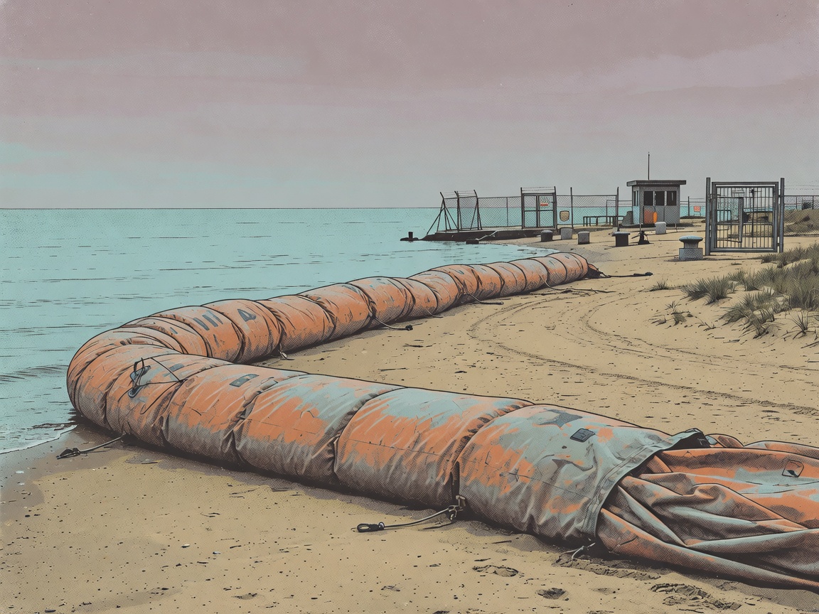 Illustration of an inflatable maritime barrier on a beach with border infrastructure in the background.