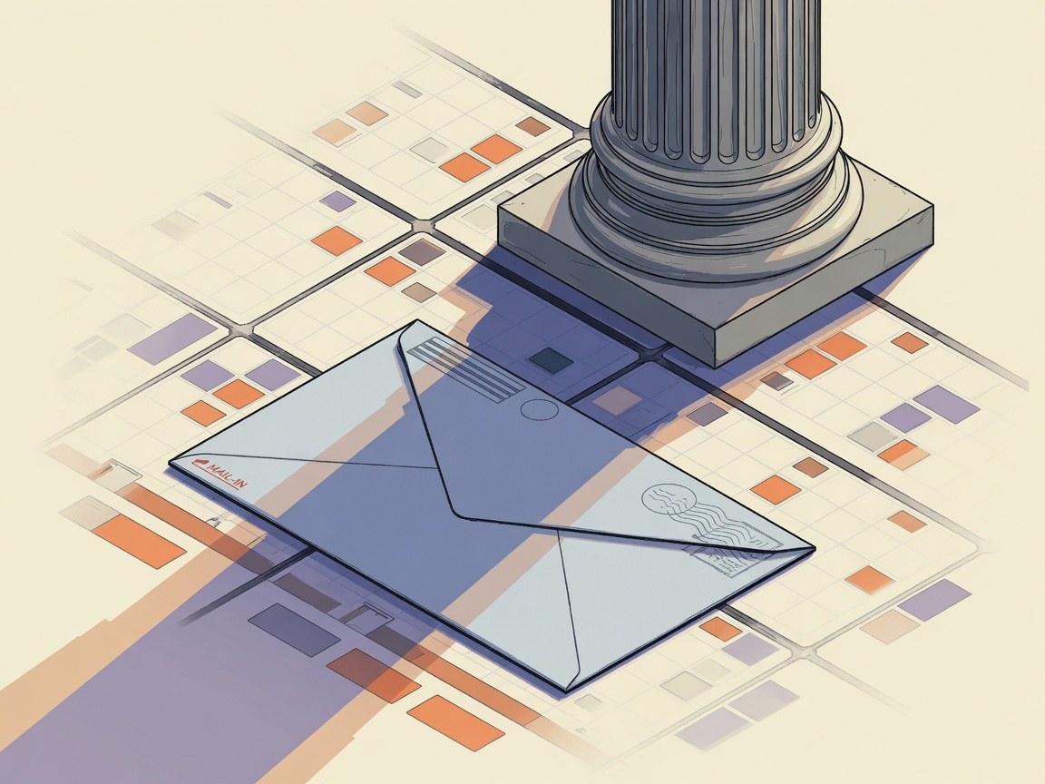 A ballot envelope on a postal surface under a courthouse column, lit by soft directional light.