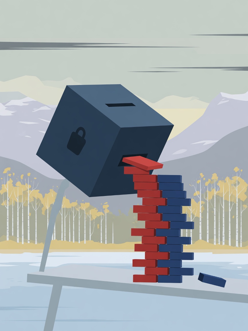 Illustration of a ballot box leaning leftward with balanced red and blue seat blocks on a neutral Nordic background.