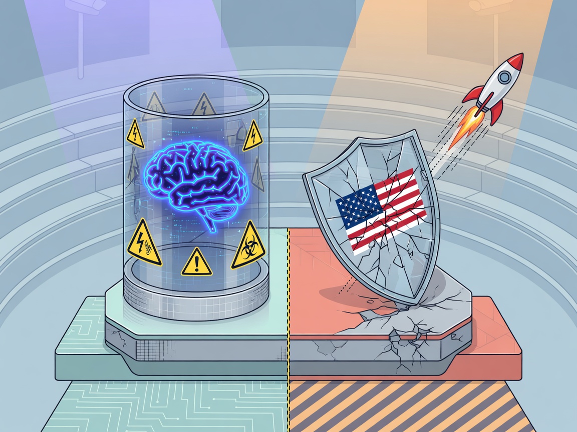 Conceptual illustration of a split between AI safety oversight and unchecked technological acceleration, set in an abstract institutional chamber.